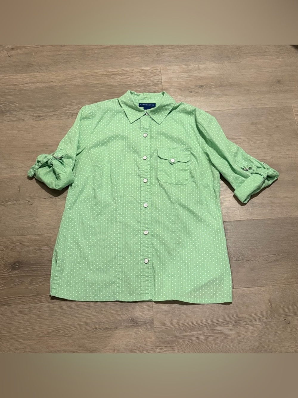 Karen Scott Light Green Polka Dot Button-Down Blouse